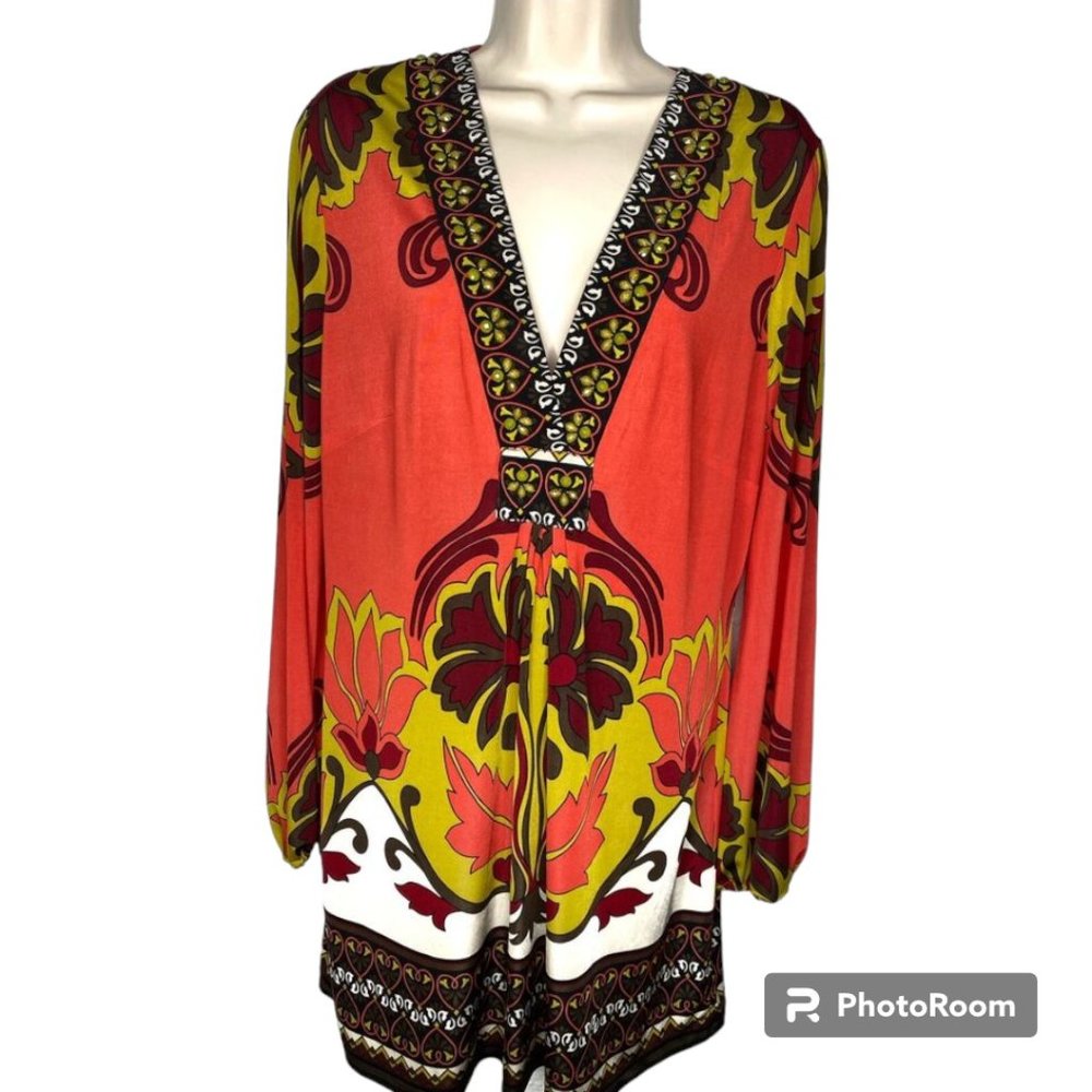 ETCETERA Beaded V-neck Multicolor Balloon Long Sleeve Floral Dress, small